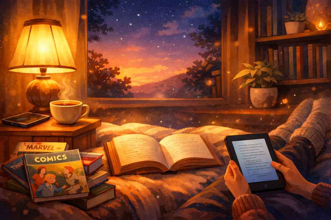 Cozy reading setup with a book and warm light